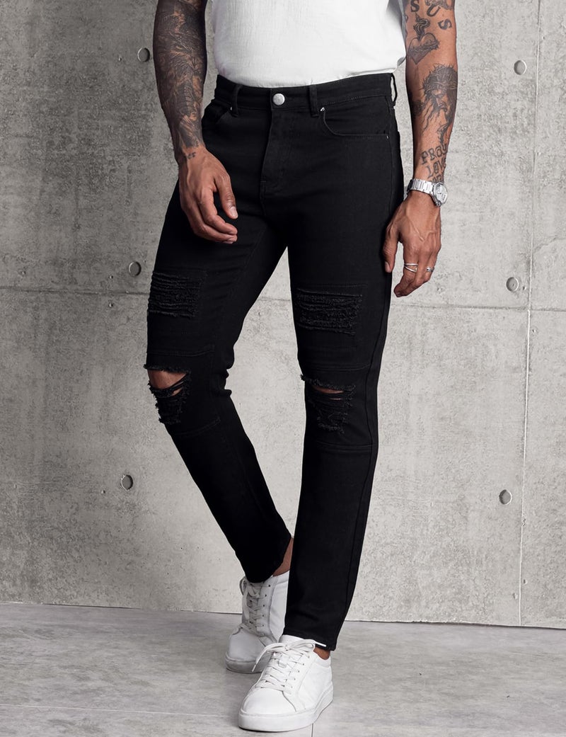 LONGBIDA Mens Skinny Slim Fit Ripped Straight Hip Hop Biker Stretchy Jeans(Black, 34) - Image 5
